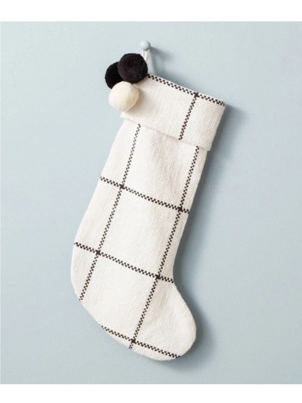 NEW ! Hearth & Hand Windowpane Woven Plaid Poms Gray/ Cream Christmas Stocking